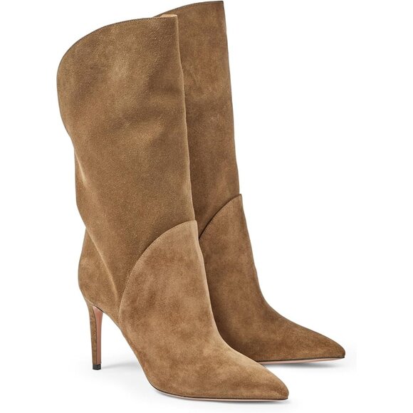 ⚡Women's Brown Mid Calf Boots Stiletto High Heel Pointed Toe Pull On Suede - Picture 1 of 5